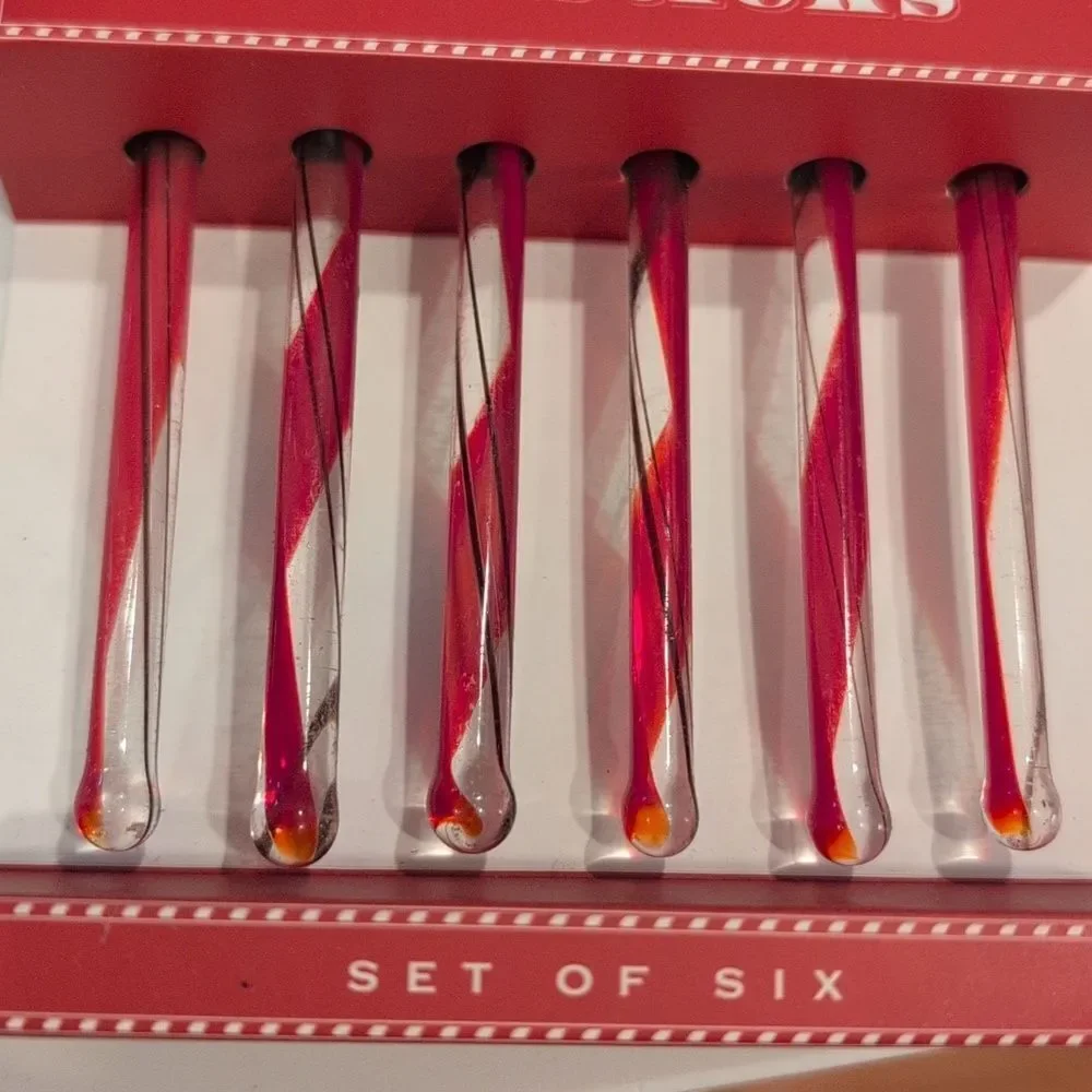 Williams Sonoma Red Swirl Peppermint Glass Stir Sticks Vintage Set Of 6